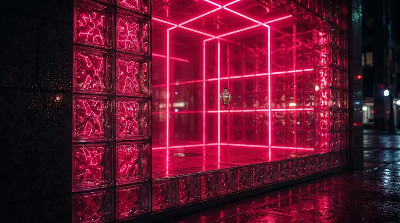 A shop window framed in glass blocks glowing hot pink at night, neon lines outlining a cube with a crystal-studded flacon suspended at its centre, wet pavement in front.