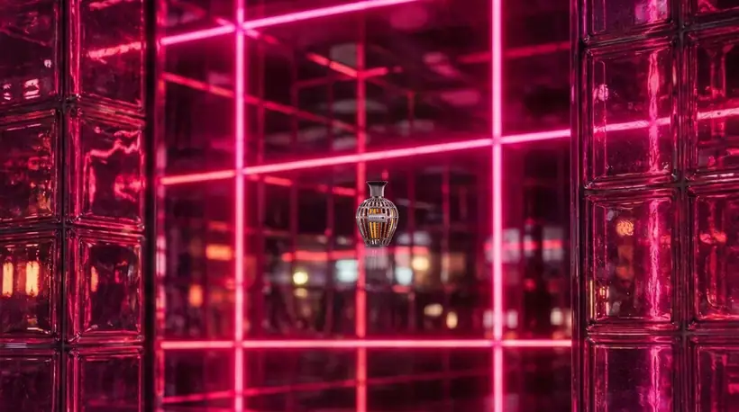 A crystal-studded cage flacon holding amber liquid, suspended between glass-block walls with a grid of hot pink neon tubes behind it.